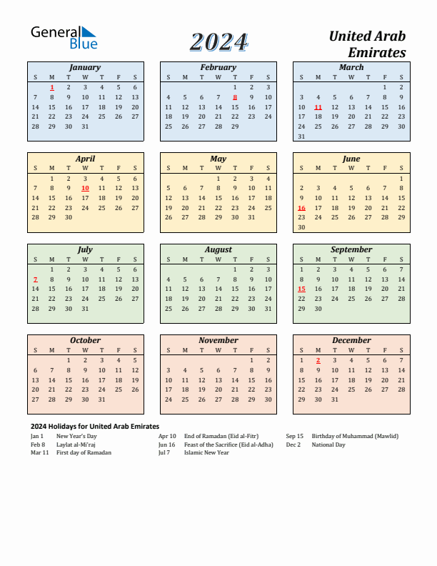 United Arab Emirates Calendar 2024 with Sunday Start