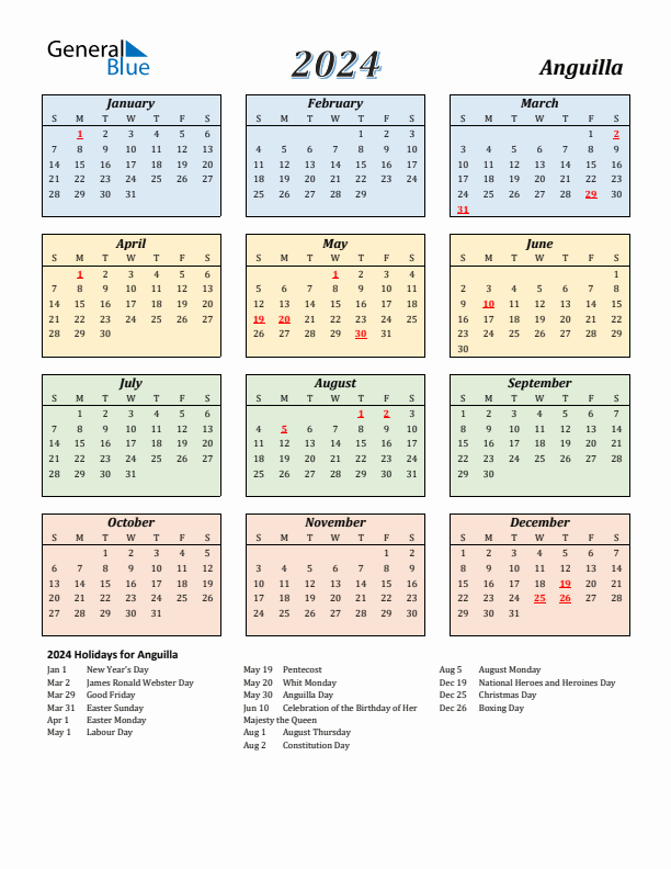 Anguilla Calendar 2024 with Sunday Start