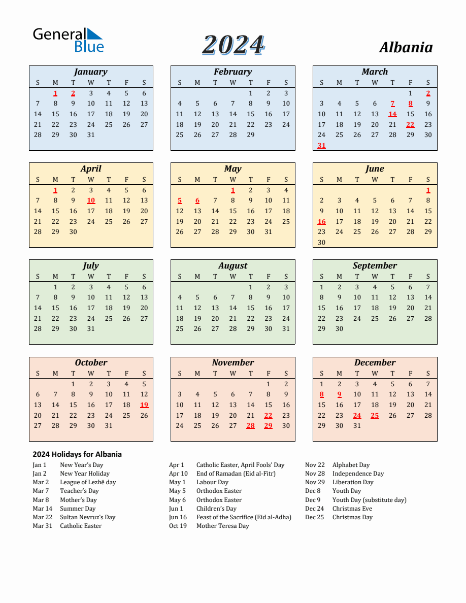2024 Albania Calendar with Sunday Start