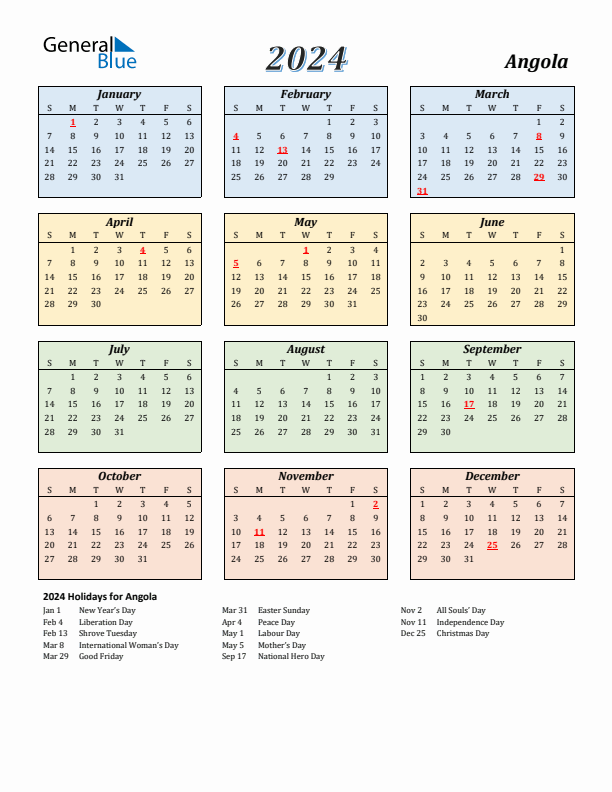 Angola Calendar 2024 with Sunday Start