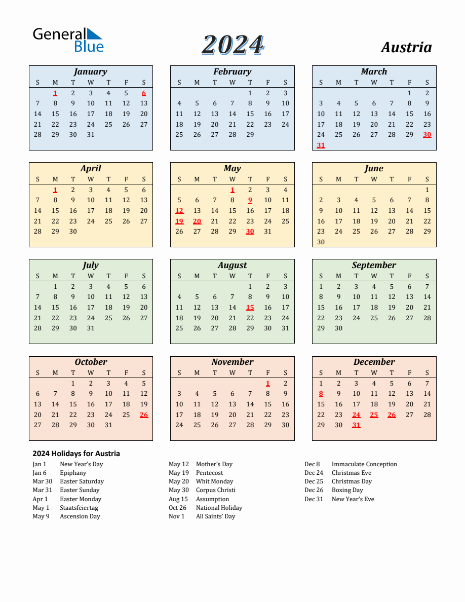 2024 Austria Calendar with Sunday Start