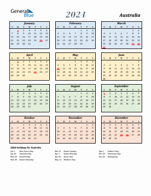 Australia current year calendar 2024 with holidays