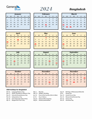 Bangladesh current year calendar 2024 with holidays