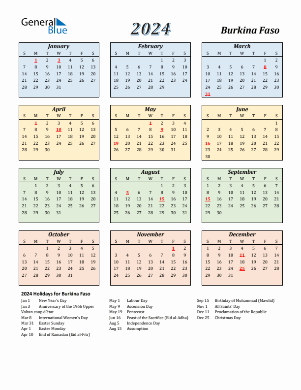 Burkina Faso Calendar 2024 with Sunday Start