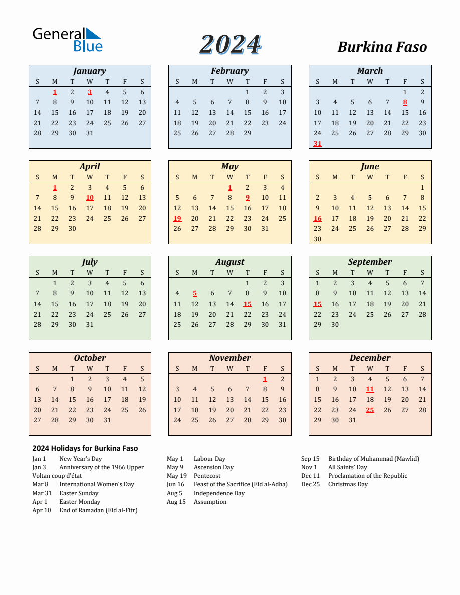 2024 Burkina Faso Calendar With Sunday Start   2024 Calendar Streamlined Colored With Holidays Portrait Sunday Start En Bf 918x1188 