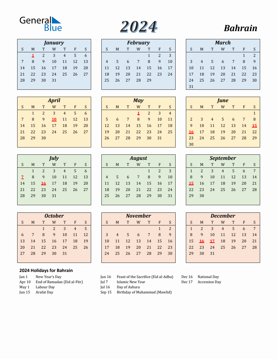 2024 Bahrain Calendar with Sunday Start