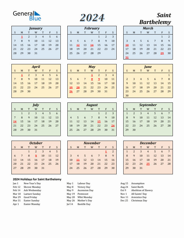 Saint Barthelemy Calendar 2024 with Sunday Start