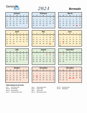 Bermuda current year calendar 2024 with holidays