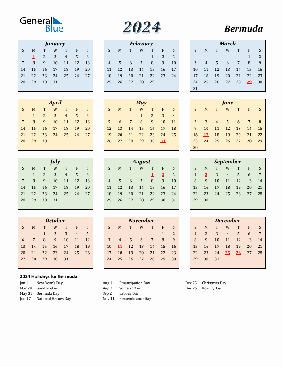 2024 Bermuda Calendar with Sunday Start