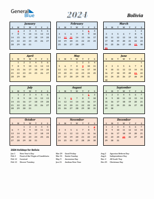 Bolivia current year calendar 2024 with holidays