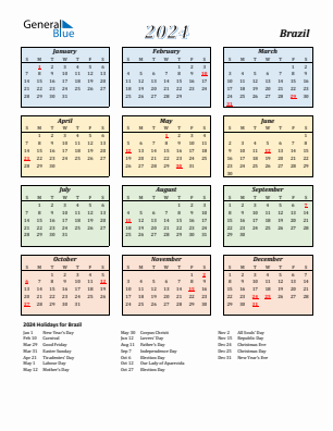 Brazil current year calendar 2024 with holidays