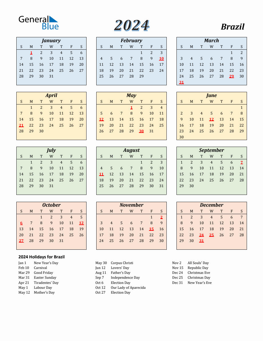 2024 Brazil Calendar with Sunday Start