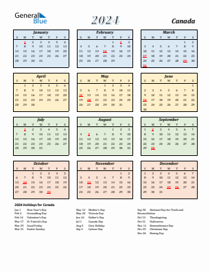 Canada current year calendar 2024 with holidays