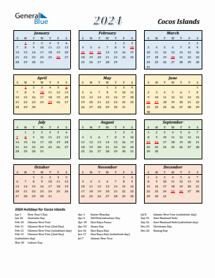 Cocos Islands current year calendar 2024 with holidays