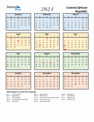 Central African Republic current year calendar 2024 with holidays