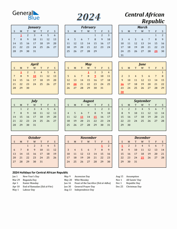 Central African Republic Calendar 2024 with Sunday Start
