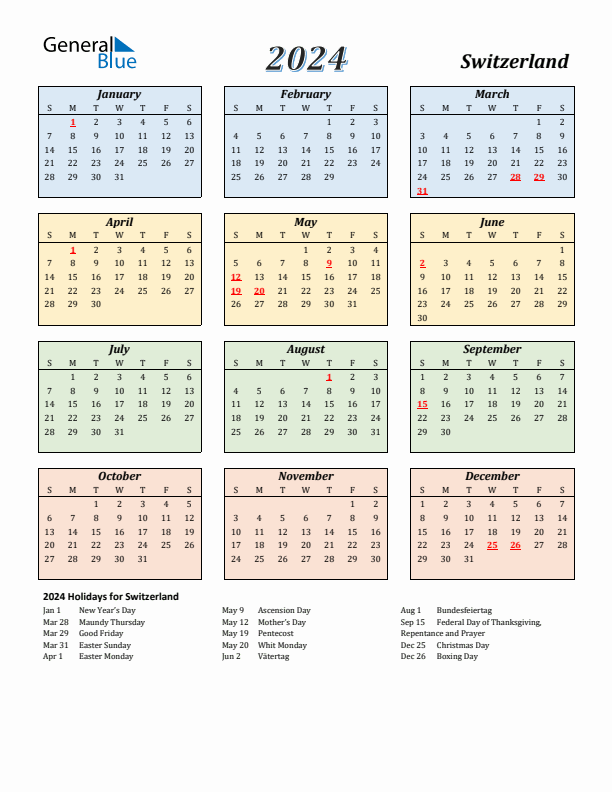 Switzerland Calendar 2024 with Sunday Start
