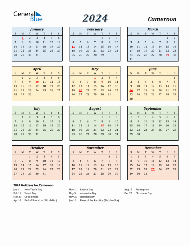 Cameroon Calendar 2024 with Sunday Start
