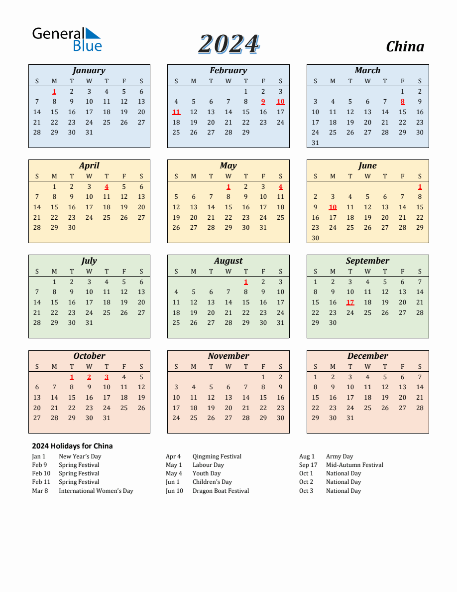 2024 China Calendar with Sunday Start