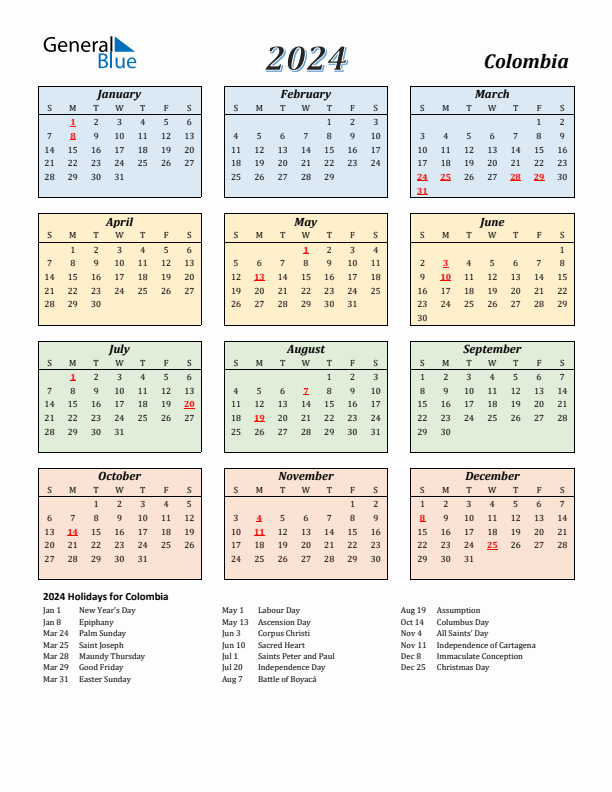 Colombia Calendar 2024 with Sunday Start