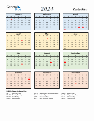 Costa Rica current year calendar 2024 with holidays