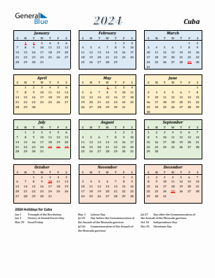 Cuba current year calendar 2024 with holidays