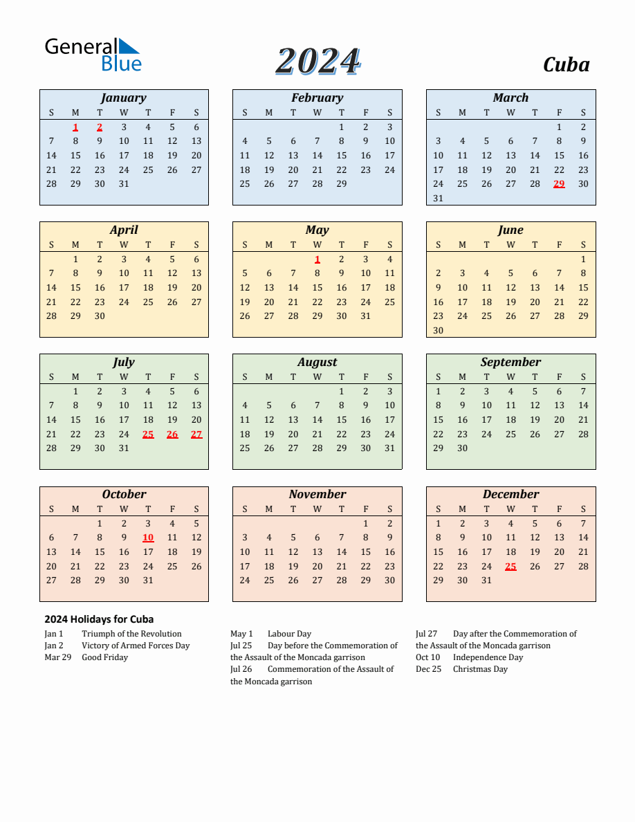 2024 Cuba Calendar with Sunday Start