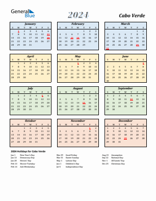 Cabo Verde current year calendar 2024 with holidays