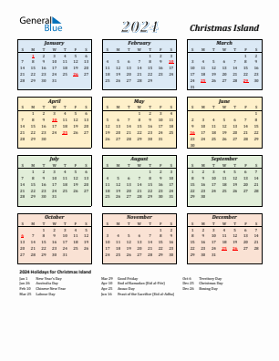 Christmas Island current year calendar 2024 with holidays