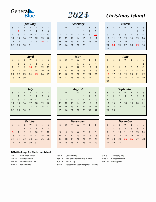 Christmas Island Calendar 2024 with Sunday Start