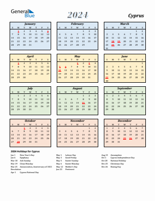 Cyprus current year calendar 2024 with holidays