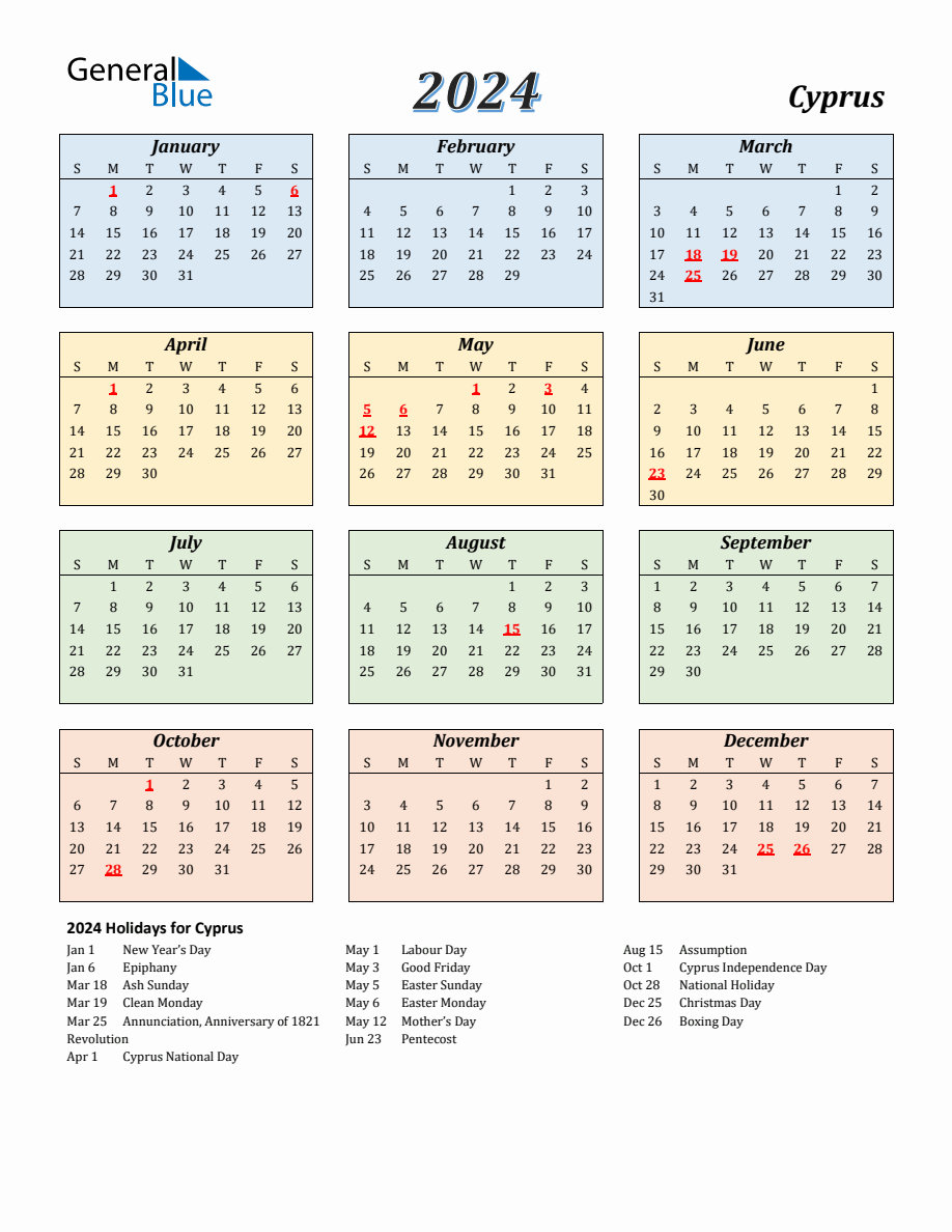 2024 Cyprus Calendar with Sunday Start