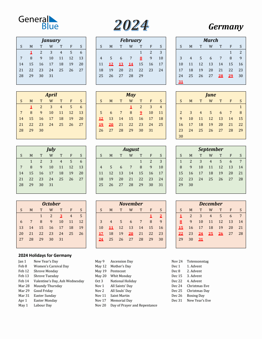 2024 Germany Calendar with Sunday Start