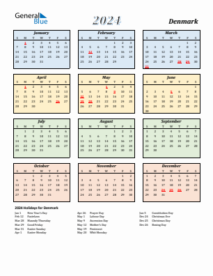 Denmark current year calendar 2024 with holidays