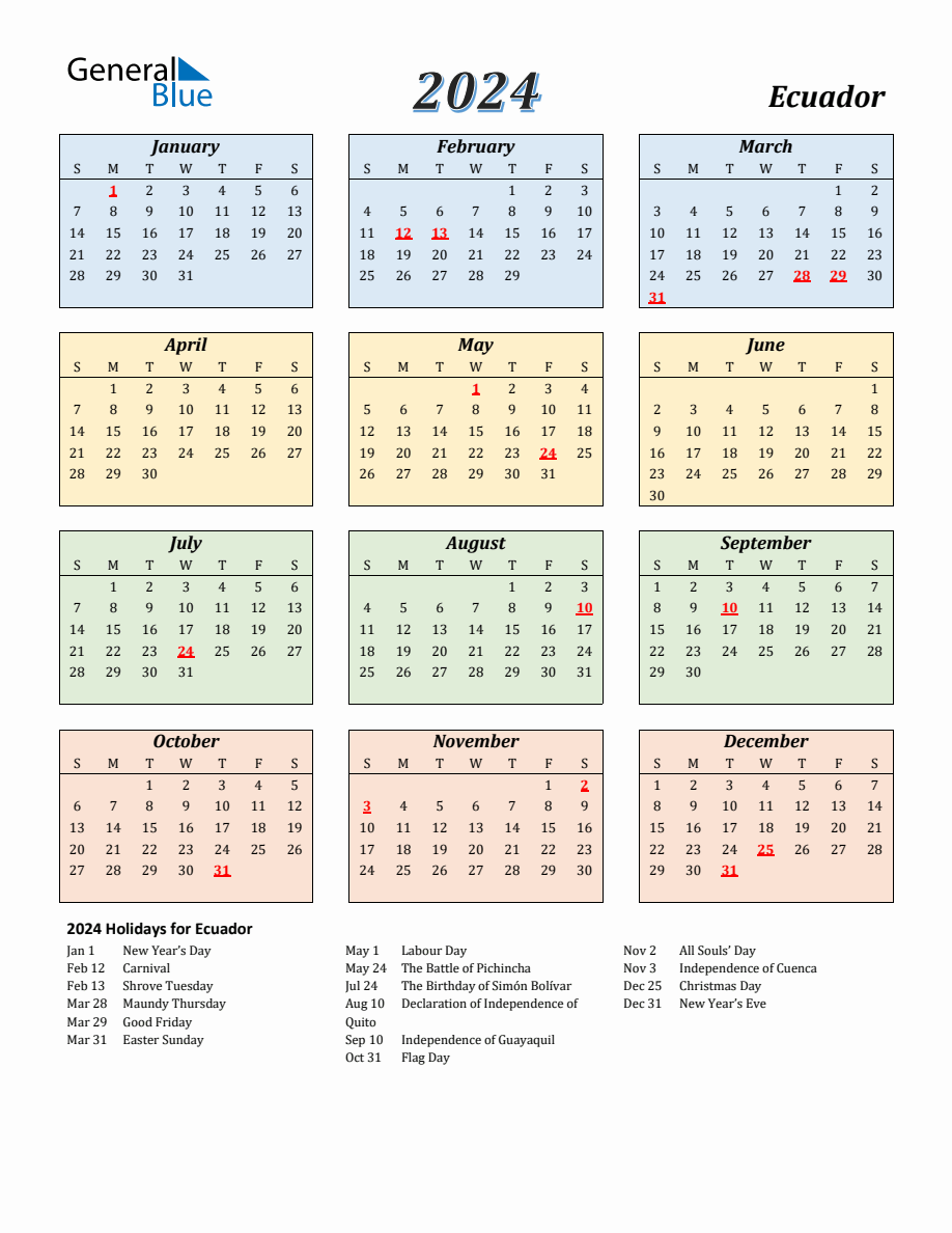 2024 Ecuador Calendar with Sunday Start