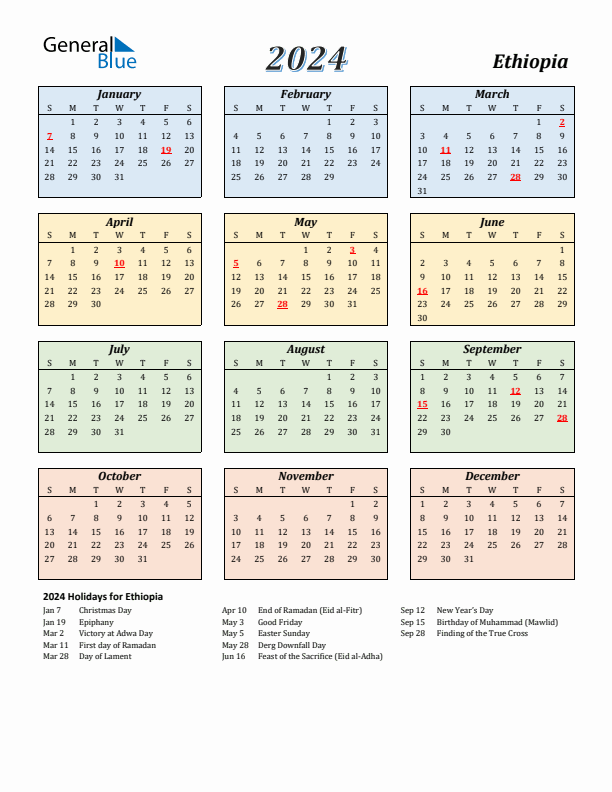 Ethiopia Calendar 2024 with Sunday Start
