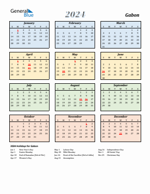 Gabon current year calendar 2024 with holidays