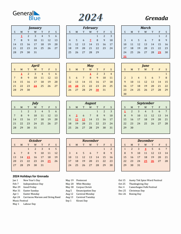 Grenada Calendar 2024 with Sunday Start