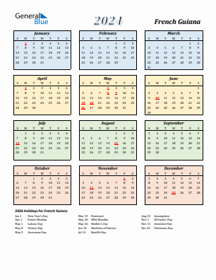 French Guiana current year calendar 2024 with holidays