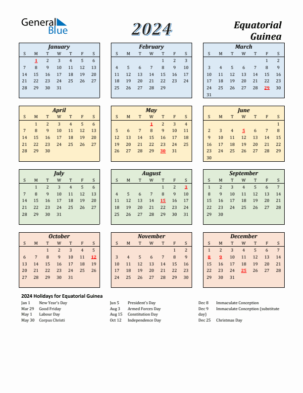 Equatorial Guinea Calendar 2024 with Sunday Start
