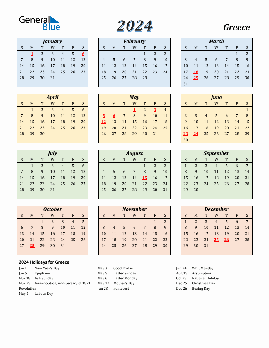 2024 Greece Calendar With Sunday Start   2024 Calendar Streamlined Colored With Holidays Portrait Sunday Start En Gr 918x1188 