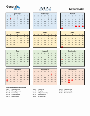 Guatemala current year calendar 2024 with holidays