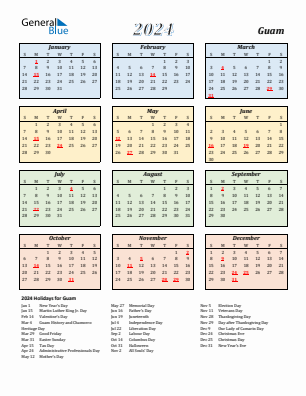 Guam current year calendar 2024 with holidays