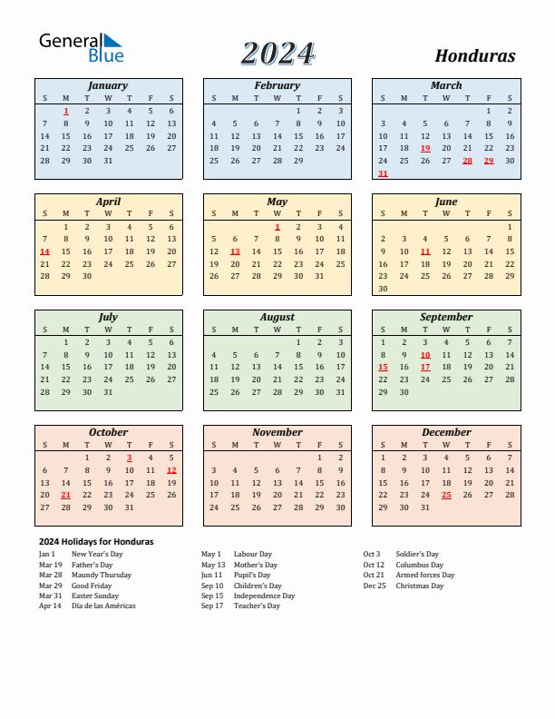 Honduras Calendar 2024 with Sunday Start