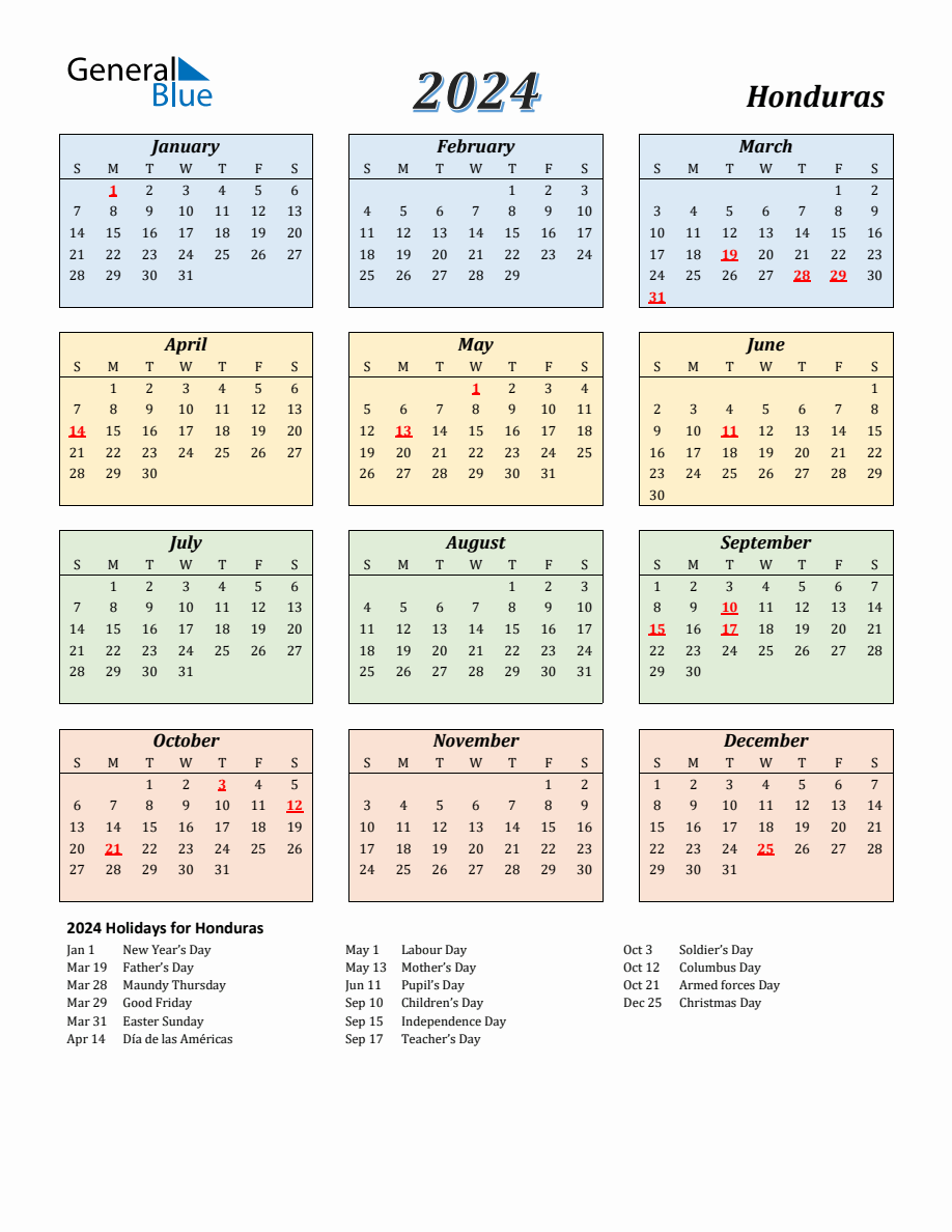 2024 Honduras Calendar With Sunday Start   2024 Calendar Streamlined Colored With Holidays Portrait Sunday Start En Hn 918x1188 