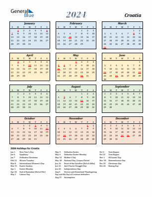 Croatia current year calendar 2024 with holidays
