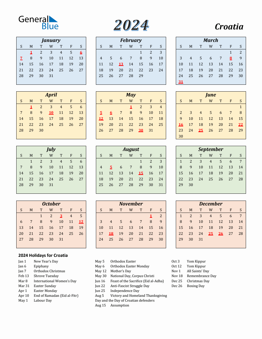 2024 Croatia Calendar With Sunday Start   2024 Calendar Streamlined Colored With Holidays Portrait Sunday Start En Hr 918x1188 