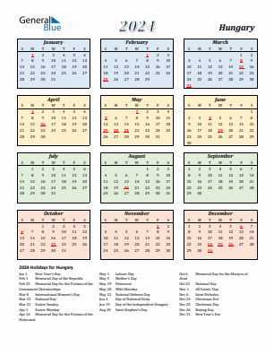 Hungary current year calendar 2024 with holidays