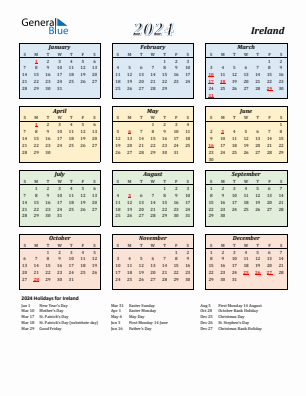 Ireland current year calendar 2024 with holidays
