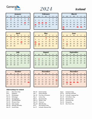 Iceland current year calendar 2024 with holidays